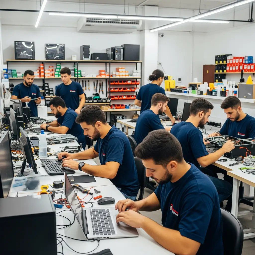 Técnicos especializados trabalhando em uma bancada de assistência técnica de computadores moderna e organizada em Duque de Caxias.