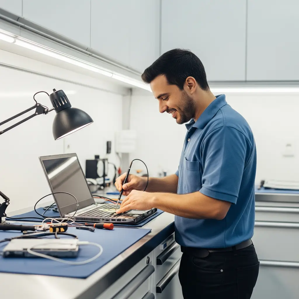 Técnico brasileiro sorrindo enquanto conserta a parte interna de um notebook em uma bancada de oficina limpa e moderna.