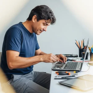 Técnico especialista brasileiro, focado, realizando o conserto da placa-mãe de um notebook em sua bancada de trabalho em Nova Iguaçu.