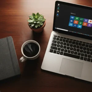 Mesa de madeira com notebook exibindo os ícones do Microsoft Office, representando o serviço de instalação profissional no Rio de Janeiro.