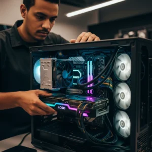 Técnico brasileiro realizando upgrade em placa de vídeo durante manutenção de computadores em São João de Meriti.