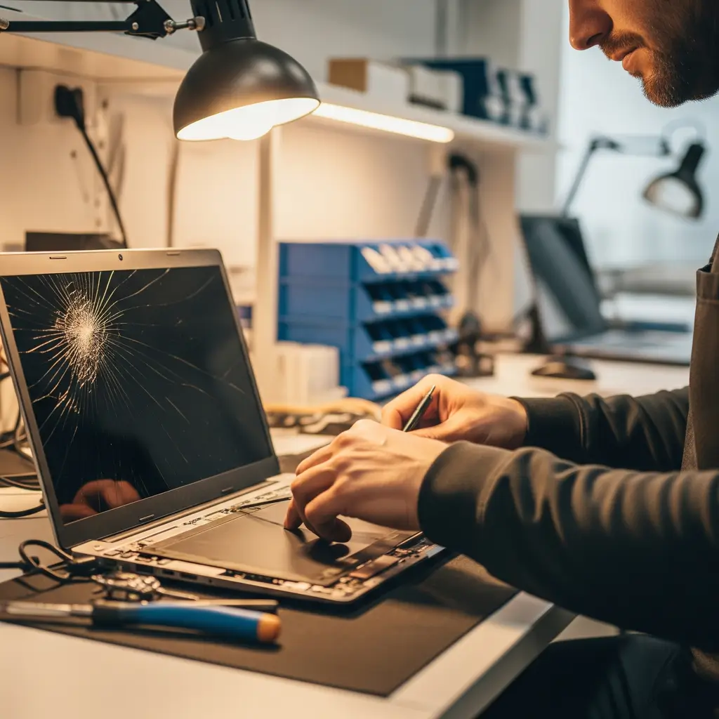 Técnico especialista realizando a troca da tela de um notebook em Nilópolis em sua bancada de trabalho.