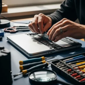 Técnico especializado realizando o upgrade de um notebook com a instalação de um novo SSD em Assistência Técnica de Computadores em Duque de Caxias