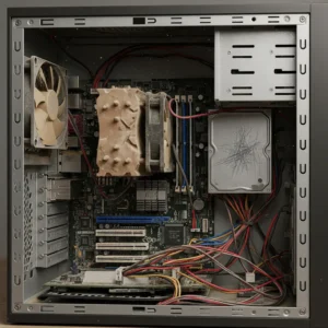 Interior de um computador antigo e empoeirado, mostrando o cooler do processador sujo, uma causa comum para um computador lento por superaquecimento.