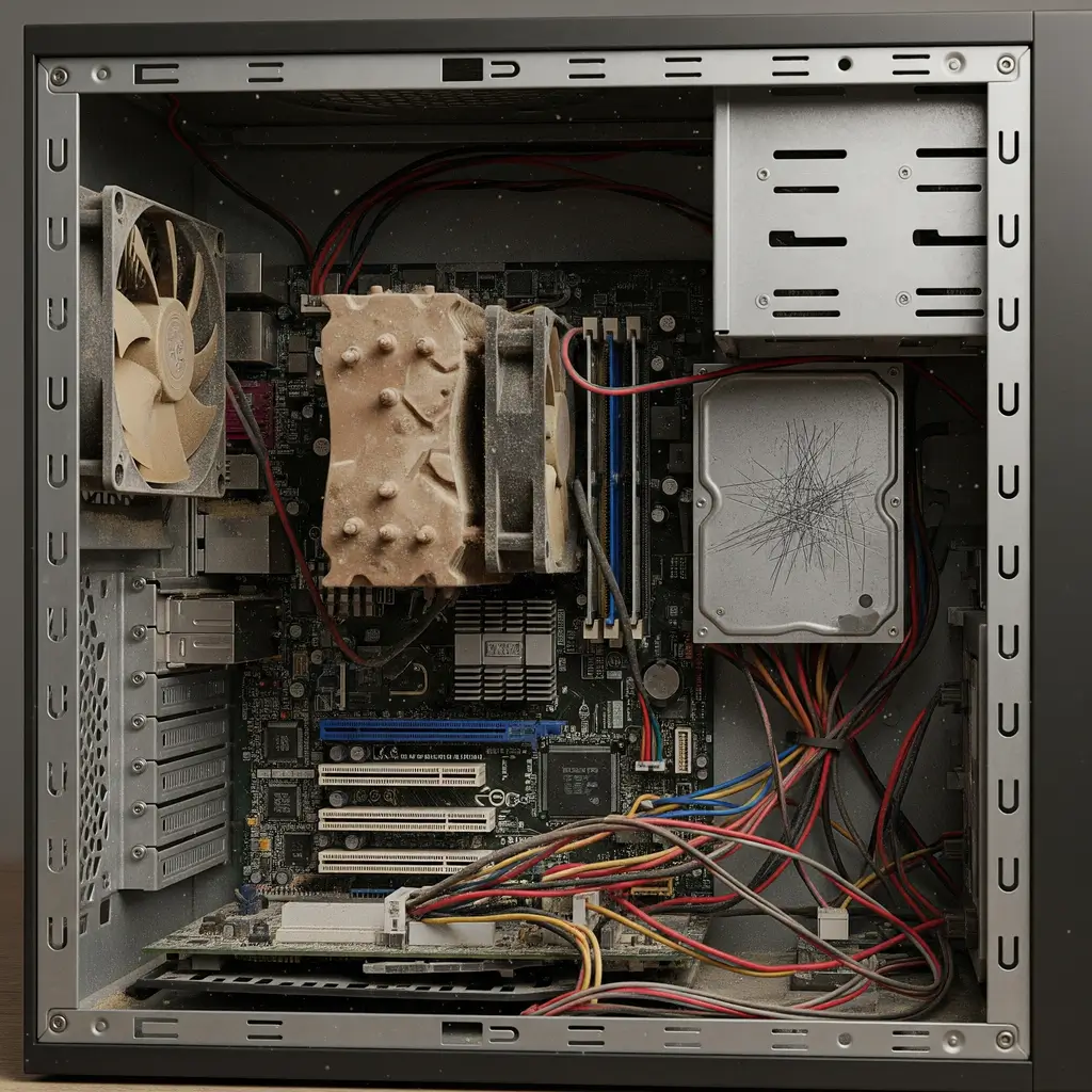 Interior de um computador antigo e empoeirado, mostrando o cooler do processador sujo, uma causa comum para um computador lento por superaquecimento.