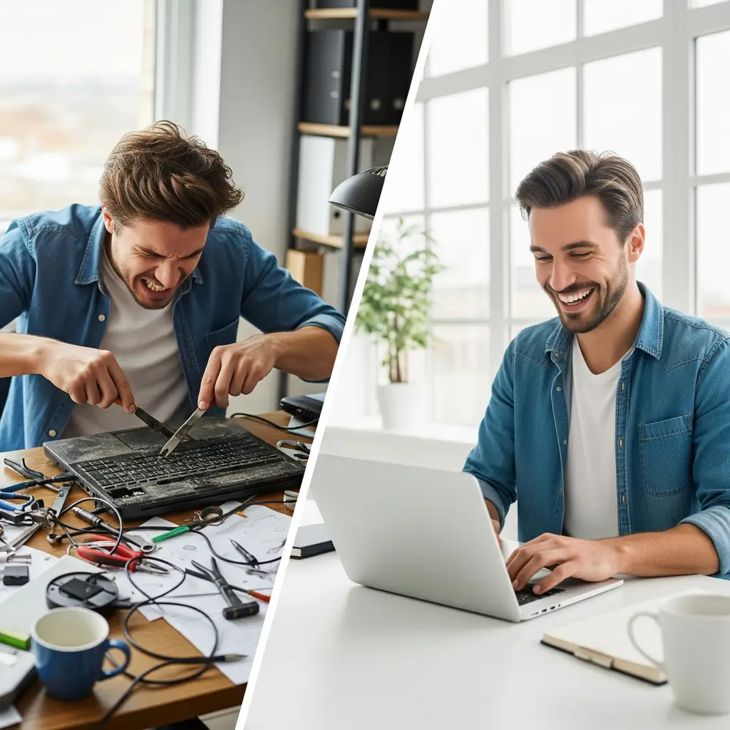 Imagem dividida: à esquerda, um homem frustrado tenta consertar um notebook quebrado em uma mesa bagunçada; à direita, o mesmo homem sorri feliz usando um notebook novo e moderno em um ambiente limpo.