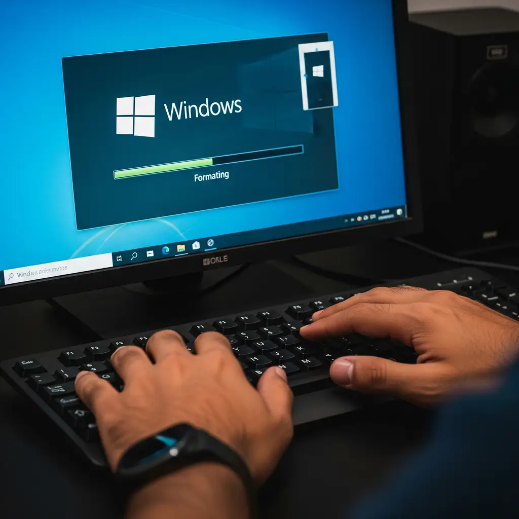 Close-up da tela de um computador exibindo o processo de formatação do Windows, com as mãos de uma pessoa sobre o teclado, ilustrando o serviço de formatação de PC em Seropédica.