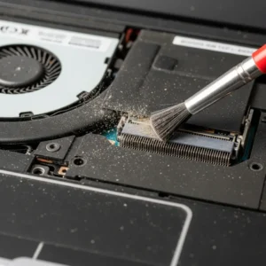 Close-up da parte interna de um notebook empoeirado, com um pincel antiestático removendo a sujeira de um componente eletrônico para evitar superaquecimento.