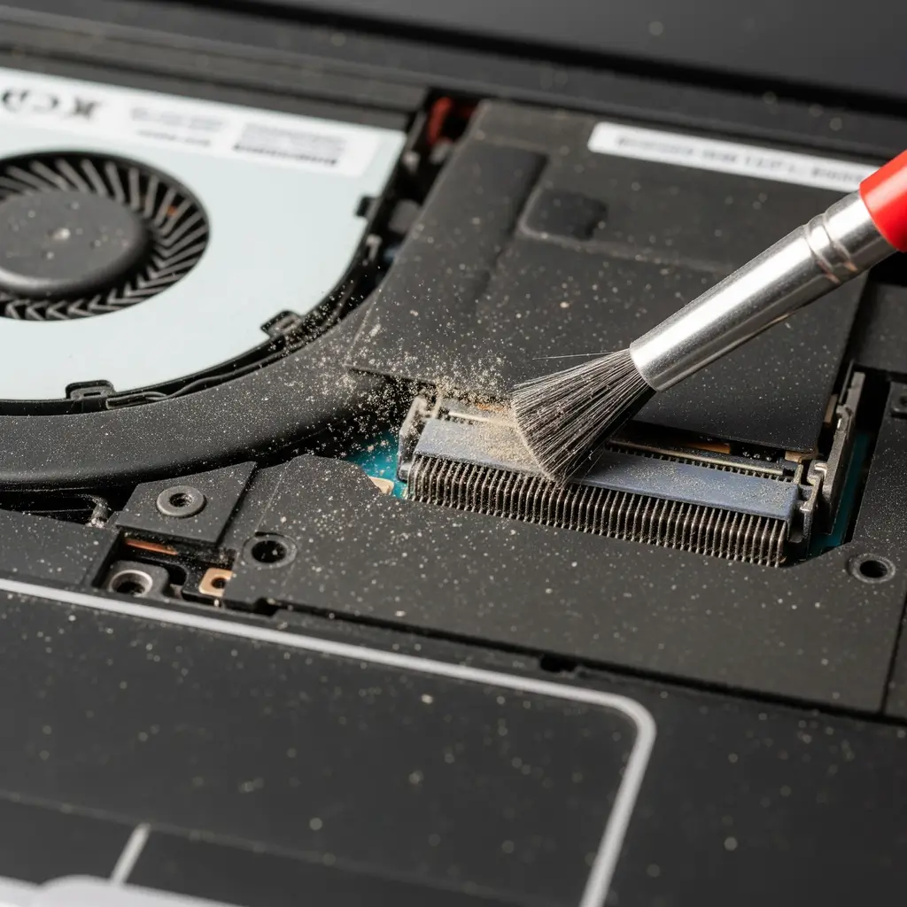 Close-up da parte interna de um notebook empoeirado, com um pincel antiestático removendo a sujeira de um componente eletrônico para evitar superaquecimento.
