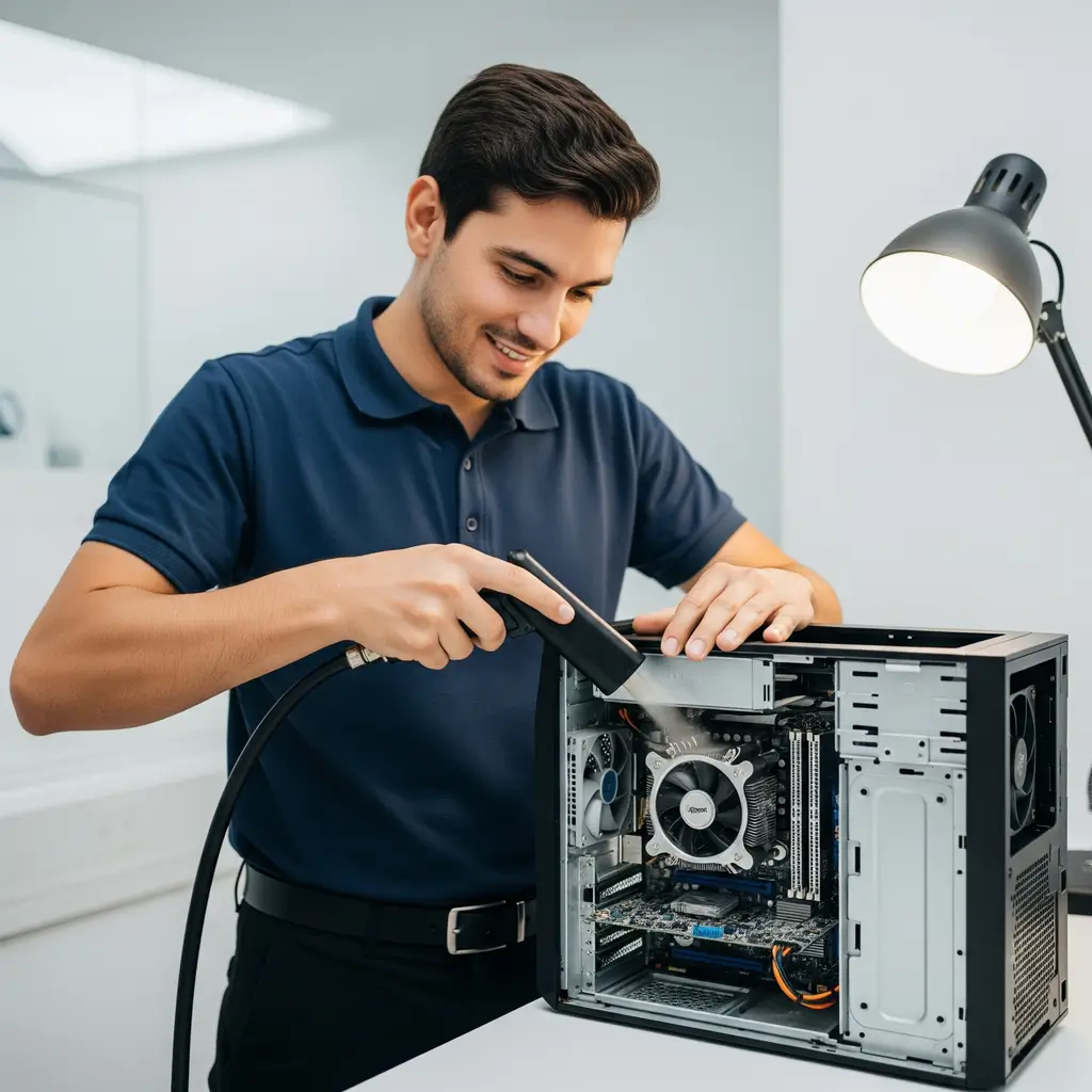 Técnico da InforesidencialRJ sorrindo enquanto realiza a limpeza interna de um computador, parte do serviço de manutenção preventiva de computadores em Japeri.