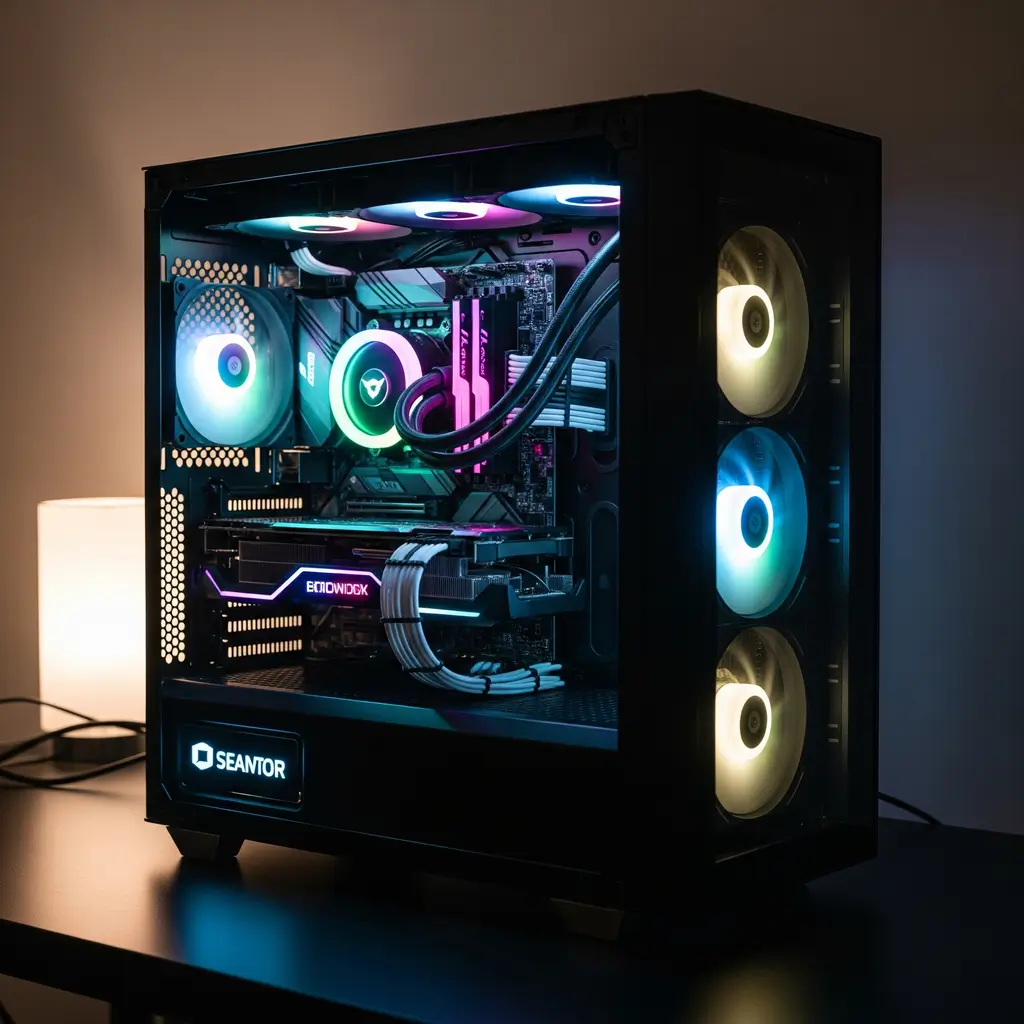 Montagem profissional de PC Gamer com cable management impecável e iluminação RGB, serviço oferecido na Baixada Fluminense.