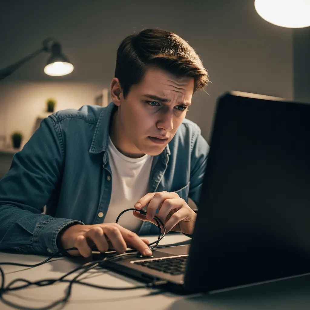 Homem com expressão frustrada olha para um notebook que não liga enquanto verifica a conexão do cabo de energia.