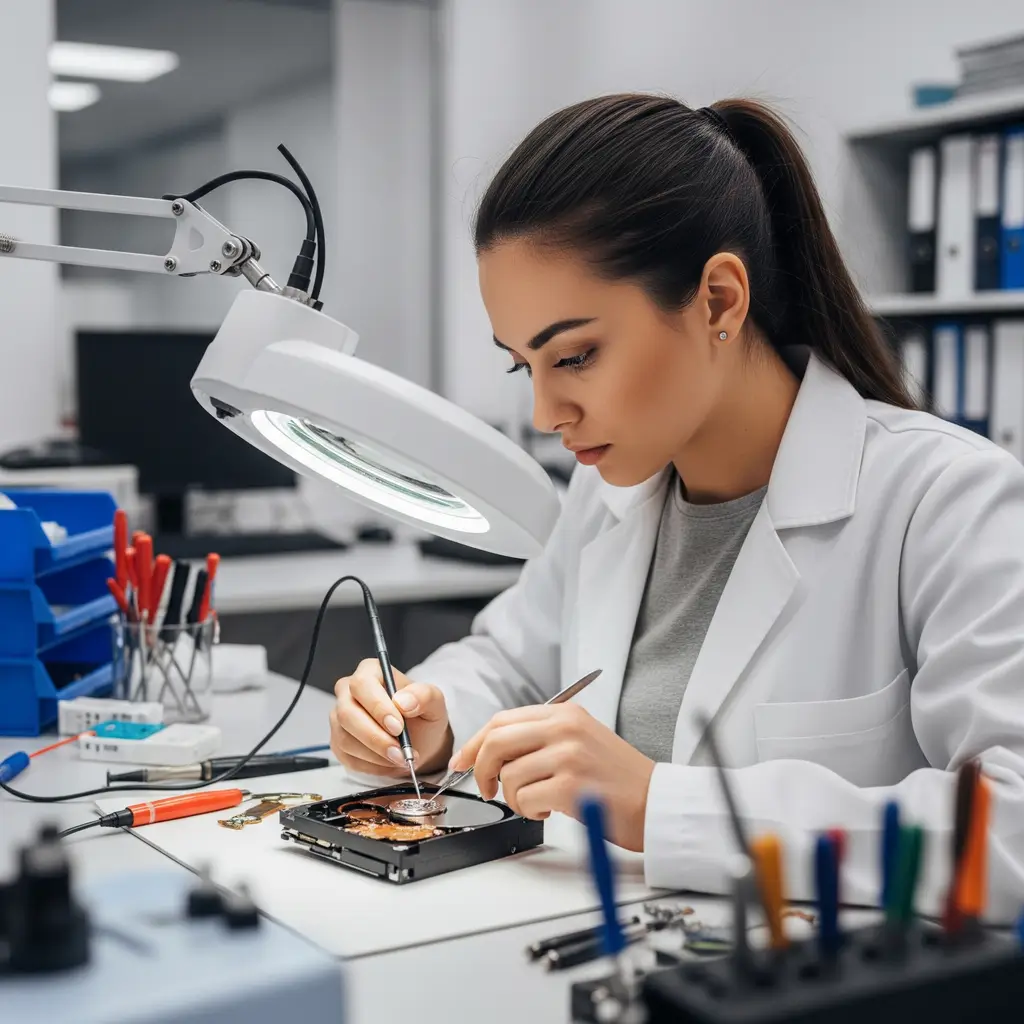 Técnica especialista realizando a recuperação de dados de um HD em laboratório localizado em Queimados.