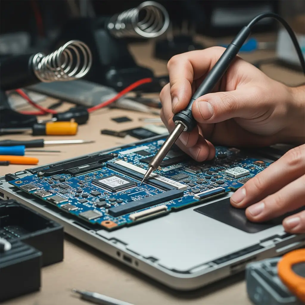 Close-up das mãos de um técnico usando um ferro de solda para realizar o reparo de placa-mãe de notebook em sua bancada em Mesquita.