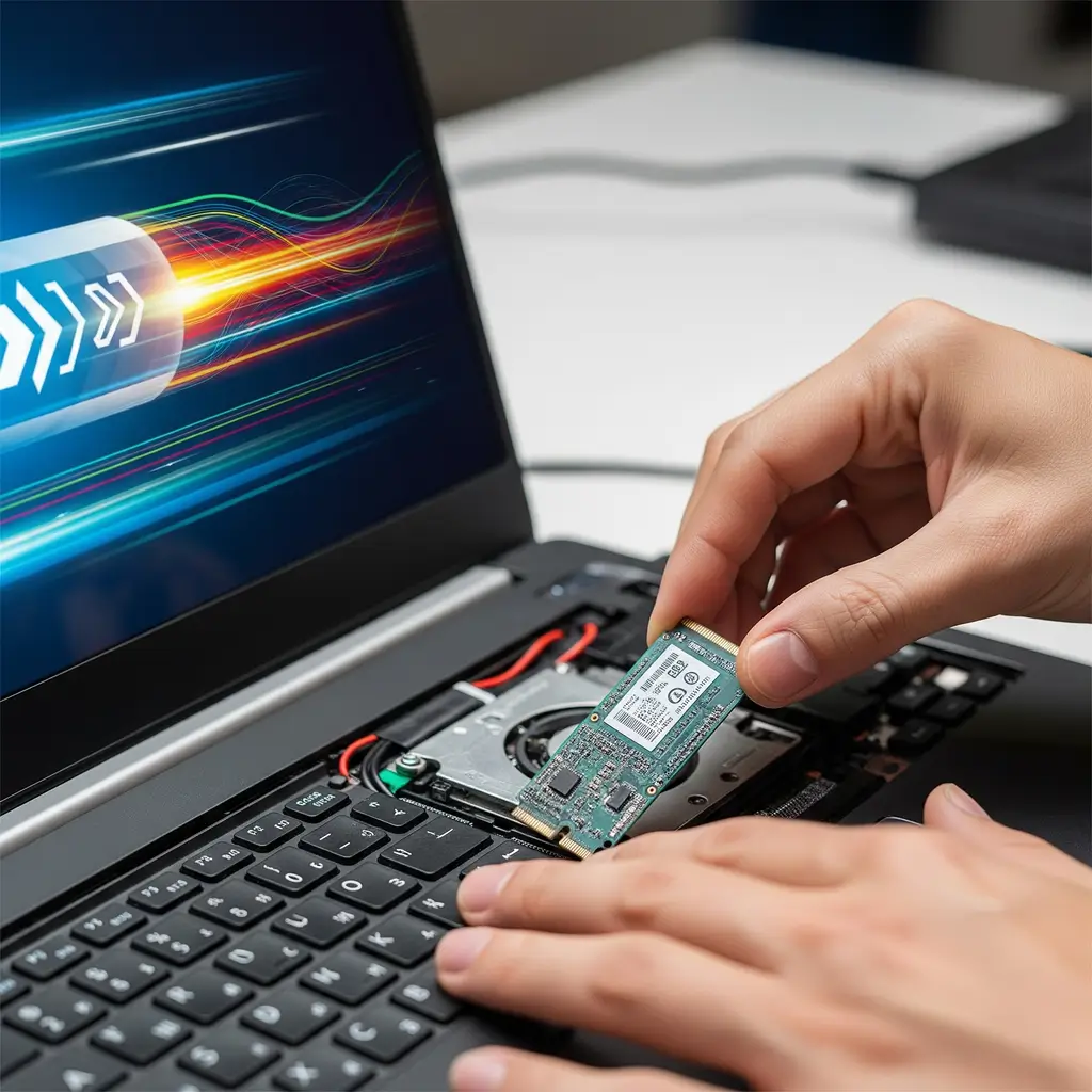 Técnico realizando o upgrade de um notebook com a instalação de um novo SSD para aumentar a velocidade do sistema.