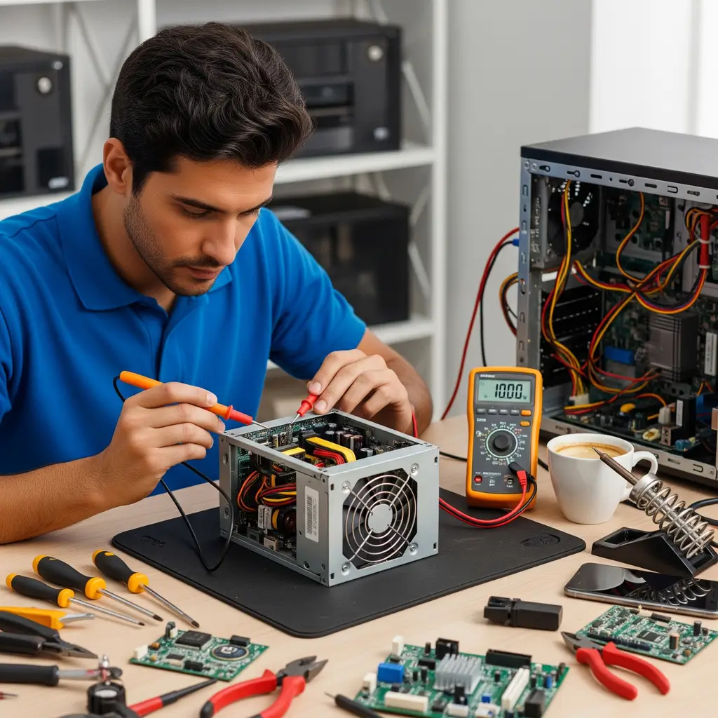 Técnico da InforesidencialRJ realizando o conserto de fonte de pc Belford roxo