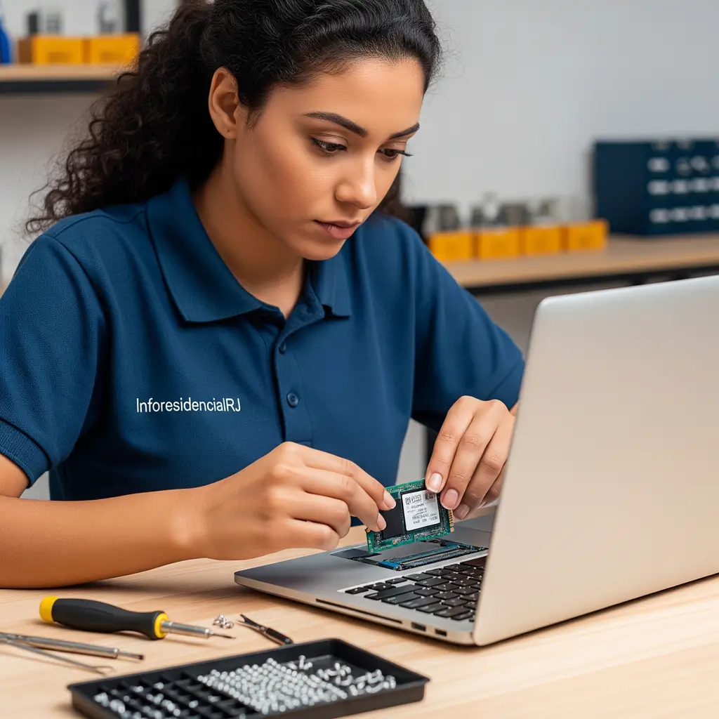 Instalação de SSD Nova Iguaçu: Técnico instalando um SSD em um notebook no Bairro da Prata